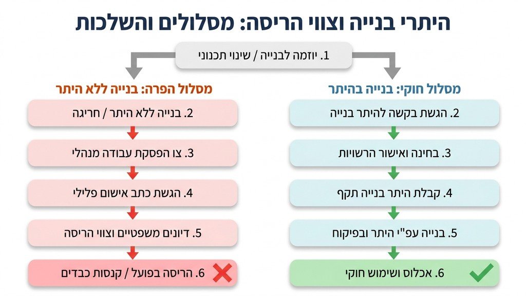 מסמך משפטי המייצג צו הריסה לצד כלי עבודה של מהנדסים