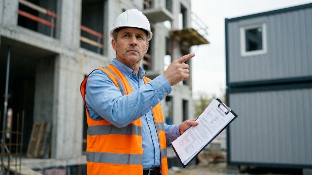 מפקח בנייה בוחן מבנה זמני בשטח