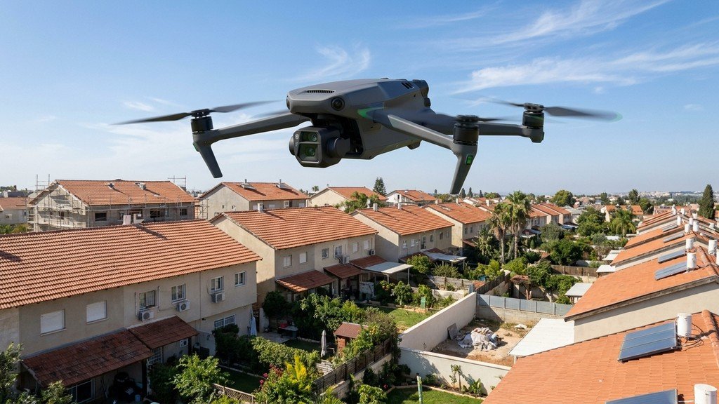 רחפן צילום מעל שכונת מגורים לאיתור חריגות בנייה ושימושים חורגים