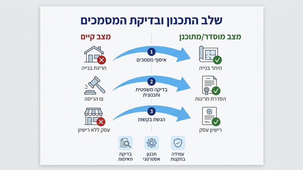 תוכניות בנייה ומסמכי רישוי על שולחן עבודה מקצועי
