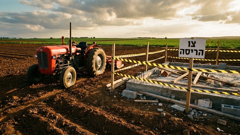 טרקטור חקלאי חונה ליד אתר בנייה עם סרט אזהרה