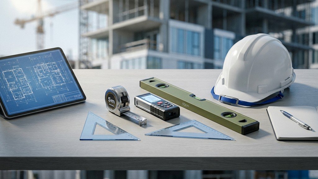 כלי מדידה ותכנון על רקע מבנה