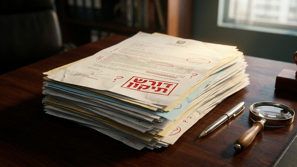 תיקייה עם מסמכים החתומים בחותמת אדומה המייצגת עיכובים ברישוי