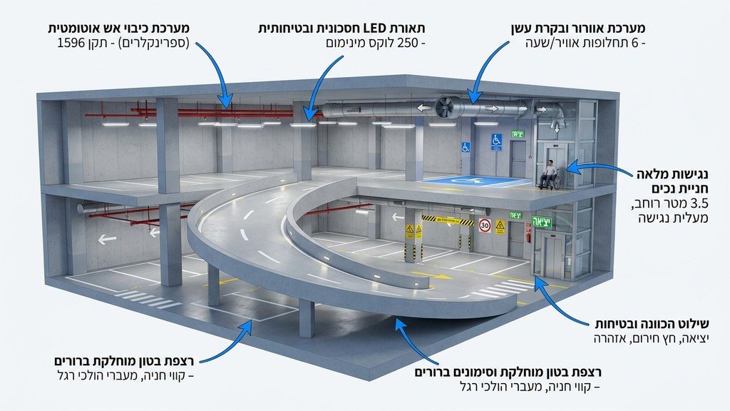חניון תת קרקעי מתקדם עם מערכות כיבוי אש