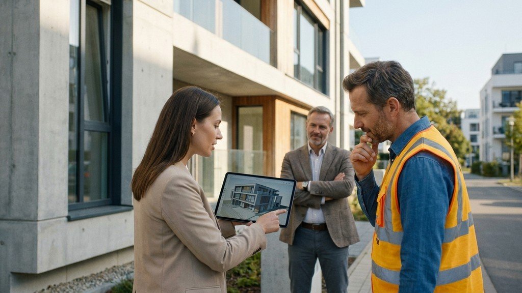 אנשי מקצוע בוחנים מבנה מגורים