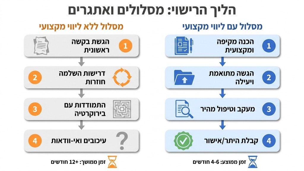תוכניות אדריכליות ואישורים משפטיים על שולחן עבודה מקצועי
