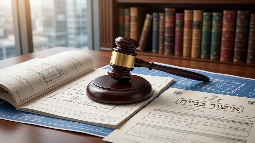 פטיש שופט המונח על גבי תוכניות בנייה המייצג החלטות ועדה מקומית