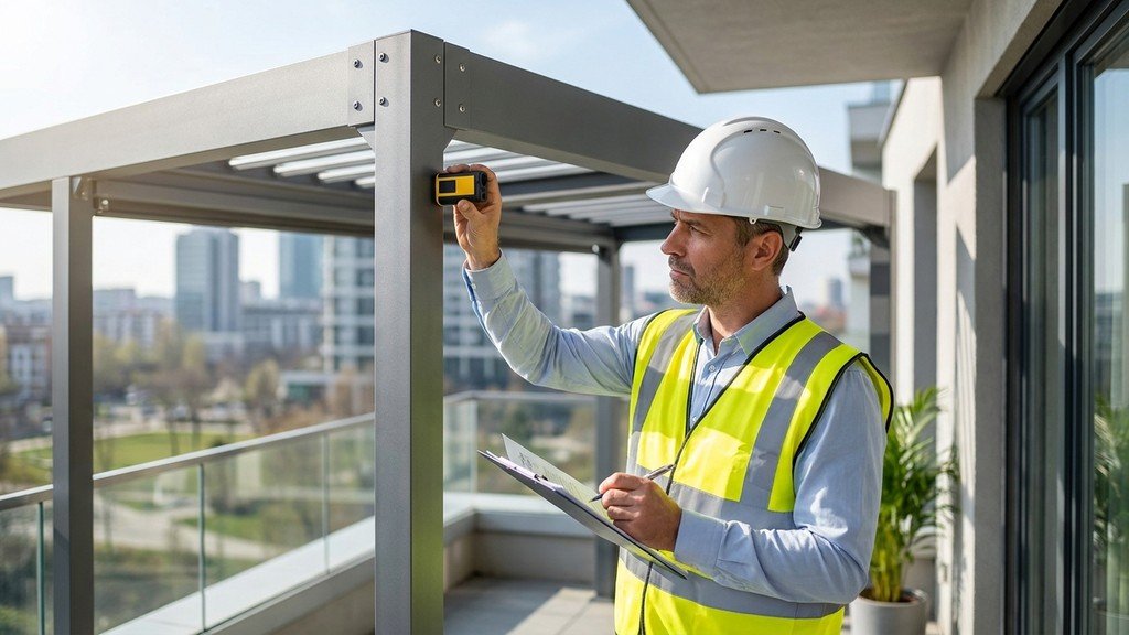 מהנדס קונסטרוקציה בודק יציבות של פרגולת אלומיניום חדשה