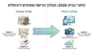 שרטוט אדריכלי על שולחן עבודה עם כלים הנדסיים ומסך דיגיטלי