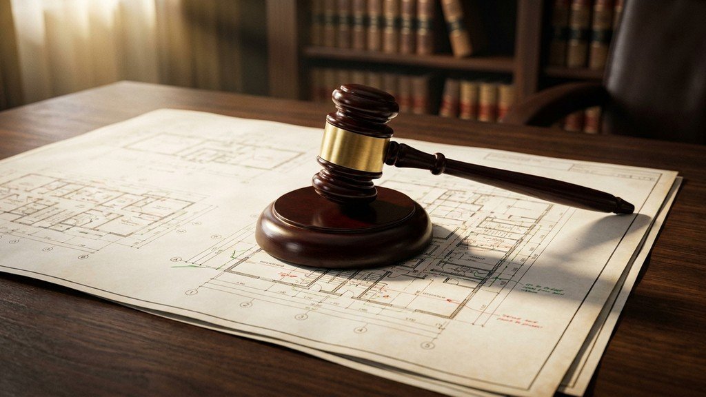 פטיש שופט מונח על גבי תוכניות בנייה הנדסיות