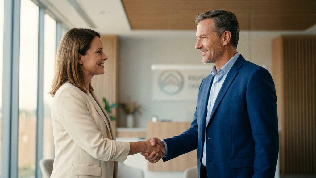 לחיצת יד בין יועץ רישוי ללקוח לאחר קבלת אישור